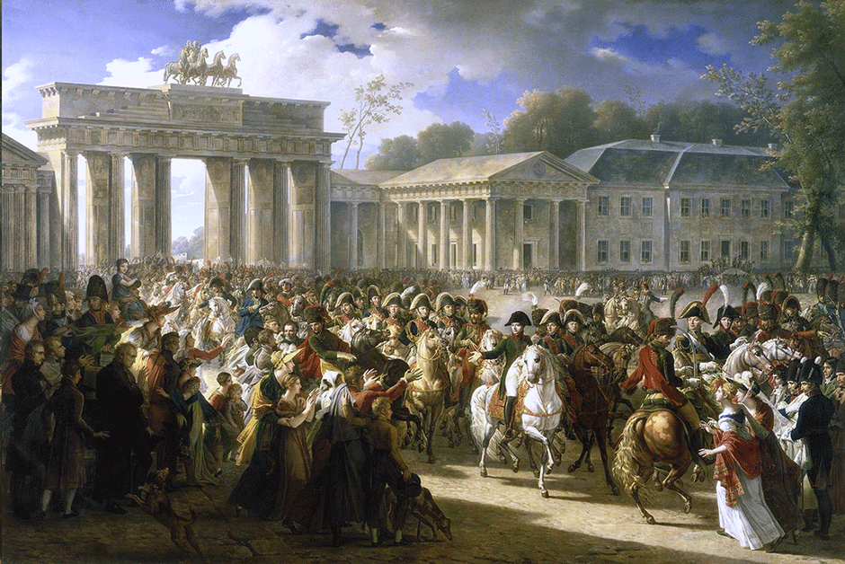 Napoleon zieht am 27. Oktober 1806 an der Spitze seiner Truppen in Berlin ein (Historiengemälde von Charles Meynier, 1810)
