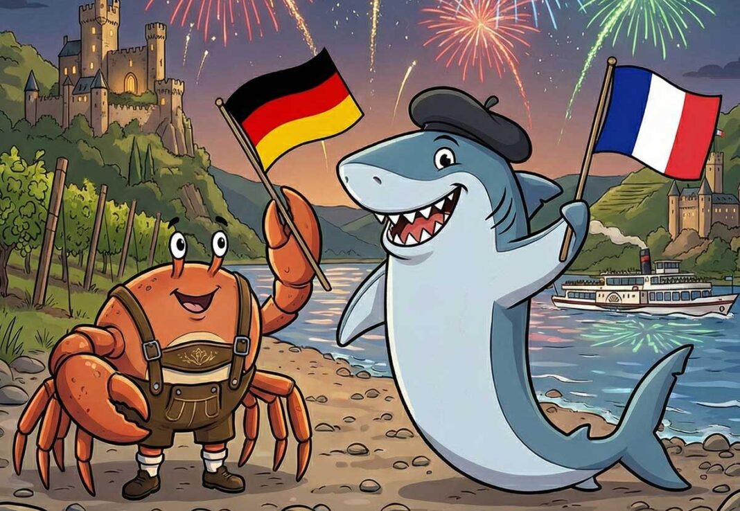KI-generiertes Bild von einem Krebs mit deutscher Fahne und einem Hai mit französischer Fahne am Rheinufer im Comic-Stil (Foto: Gemini)