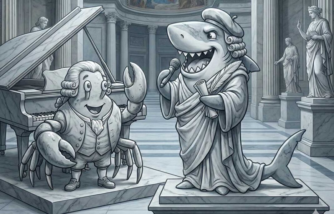 KI-Bild mit einem Krebs und einem Hai in historischen Gewändern im Pantheon (Foto: Gemini)