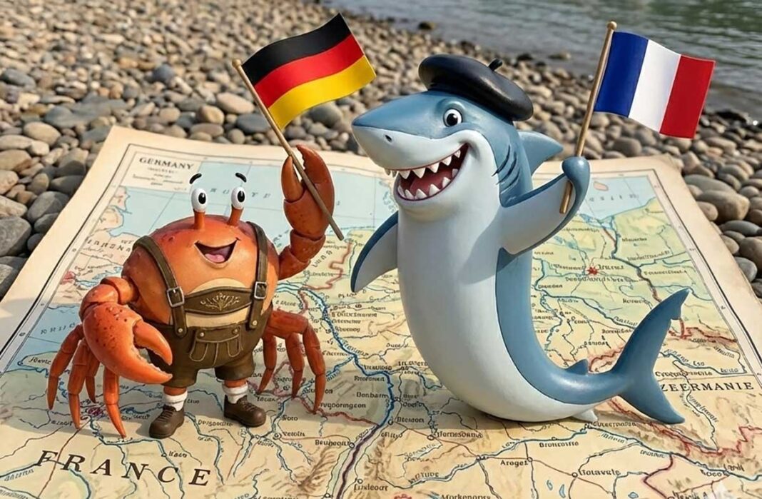KI-generiertes Bild von einem Krebs mit deutscher Fahne und einem Hai mit französischer Fahne am Rheinufer im Comic-Stil (Foto: Gemini)
