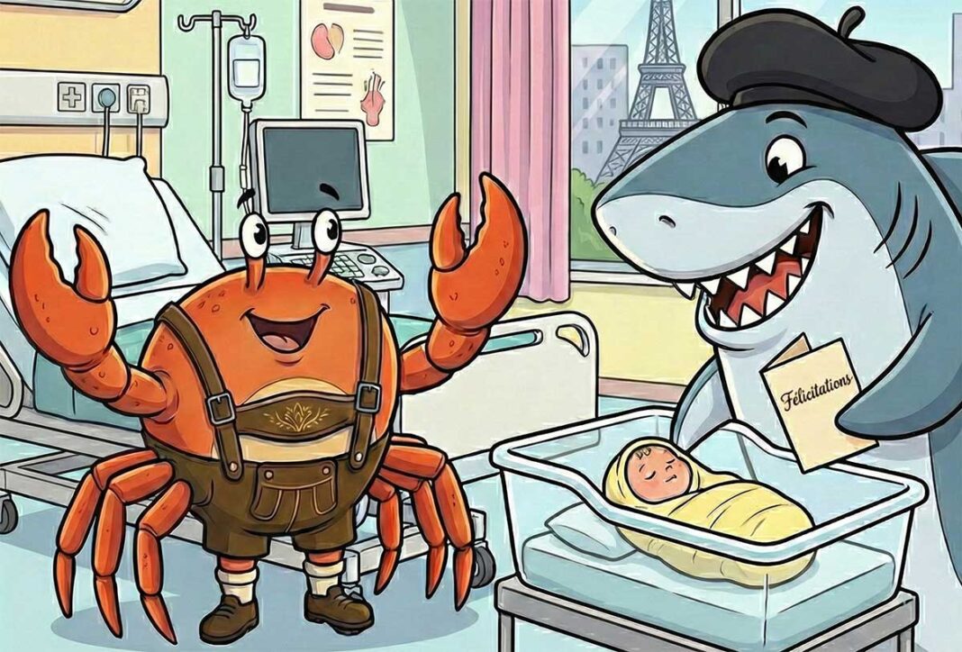 KI-generiertes Bild von einem deutschen Krebs und einem französischen Hai im Comic-Stil im Kreißsaal (Foto: Gemini)